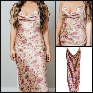 IRIS Yellow Pink Floral Satin Slip Cowl Neck Coquette Romantic Midi Dress Sz M